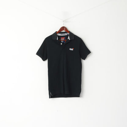 Superdry Men M Polo Shirt Black Classic Pique Detailed BUttons Short Sleeve Top