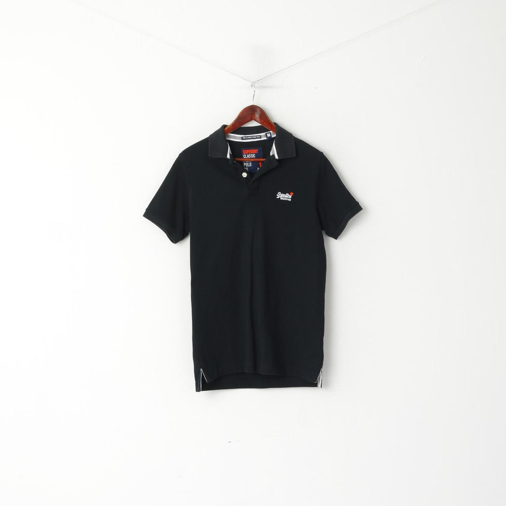 Superdry Men M Polo Shirt Black Classic Pique Detailed BUttons Short Sleeve Top