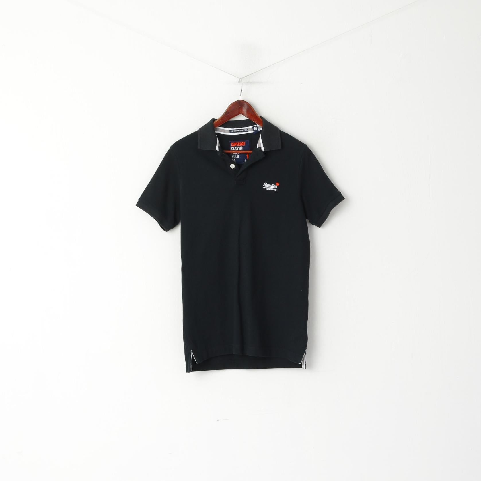 Superdry Men M Polo Shirt Black Classic Pique Detailed BUttons Short Sleeve Top