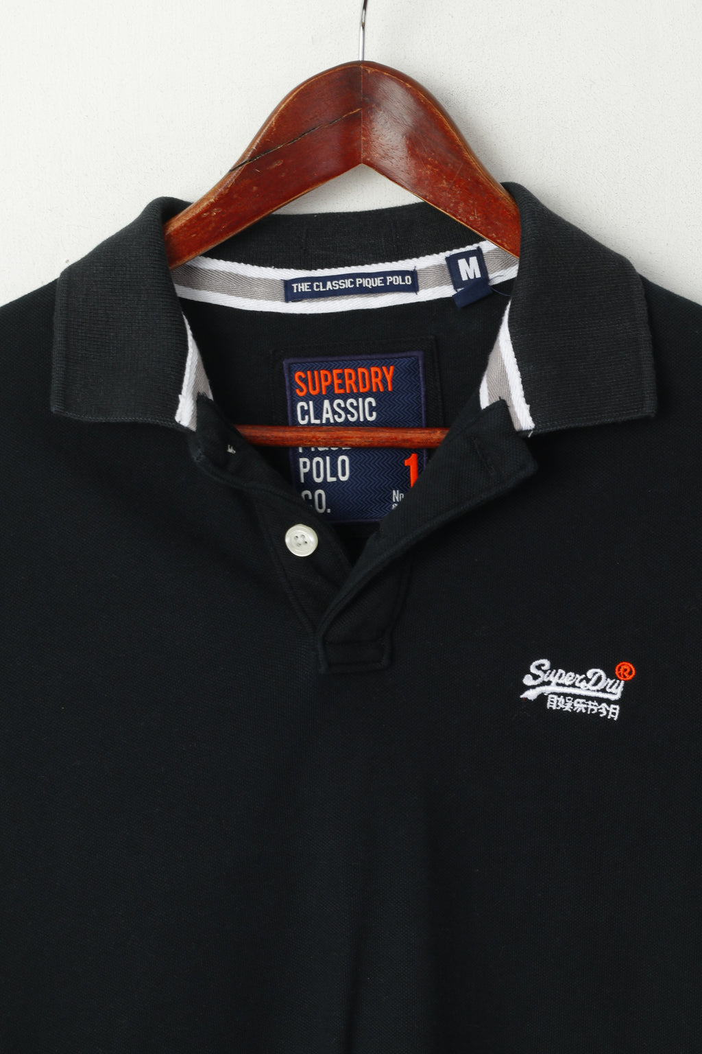 Superdry Men M Polo Shirt Black Classic Pique Detailed BUttons Short Sleeve Top
