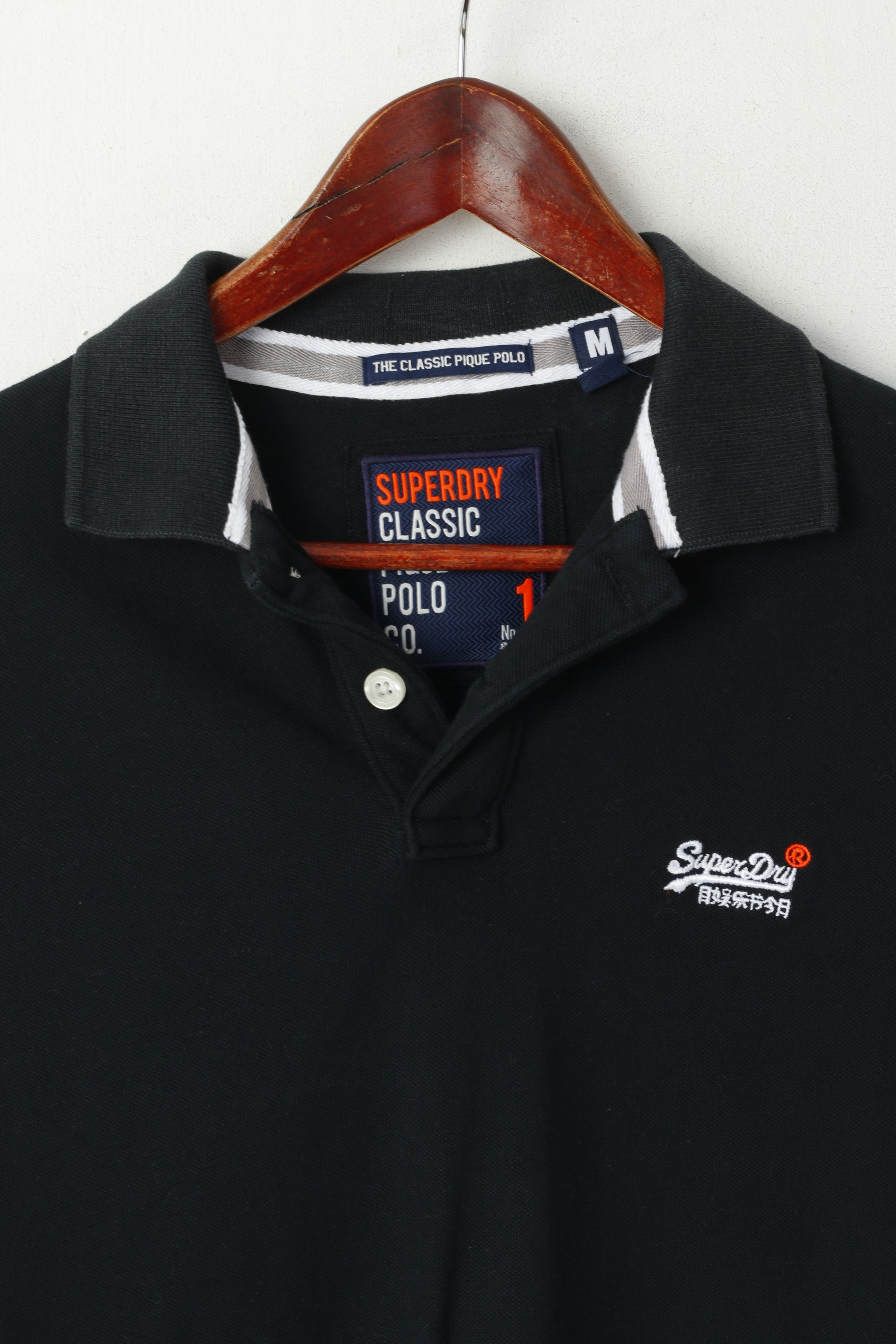 Superdry Men M Polo Shirt Black Classic Pique Detailed BUttons Short Sleeve Top