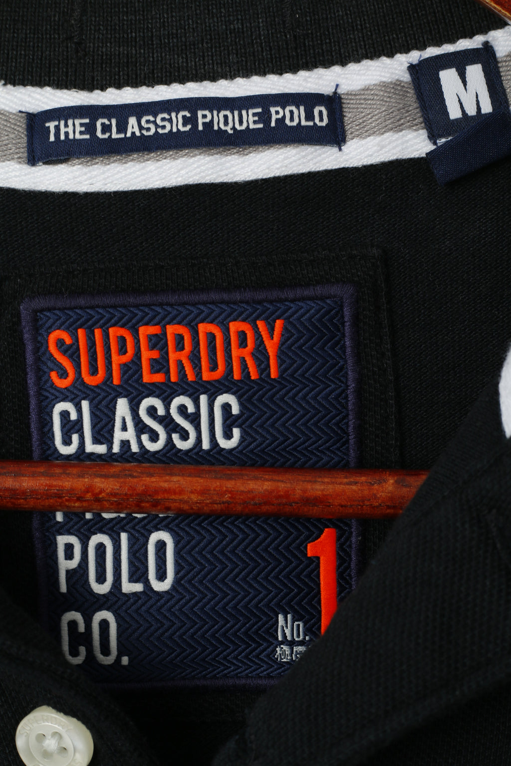 Superdry Men M Polo Shirt Black Classic Pique Detailed BUttons Short Sleeve Top