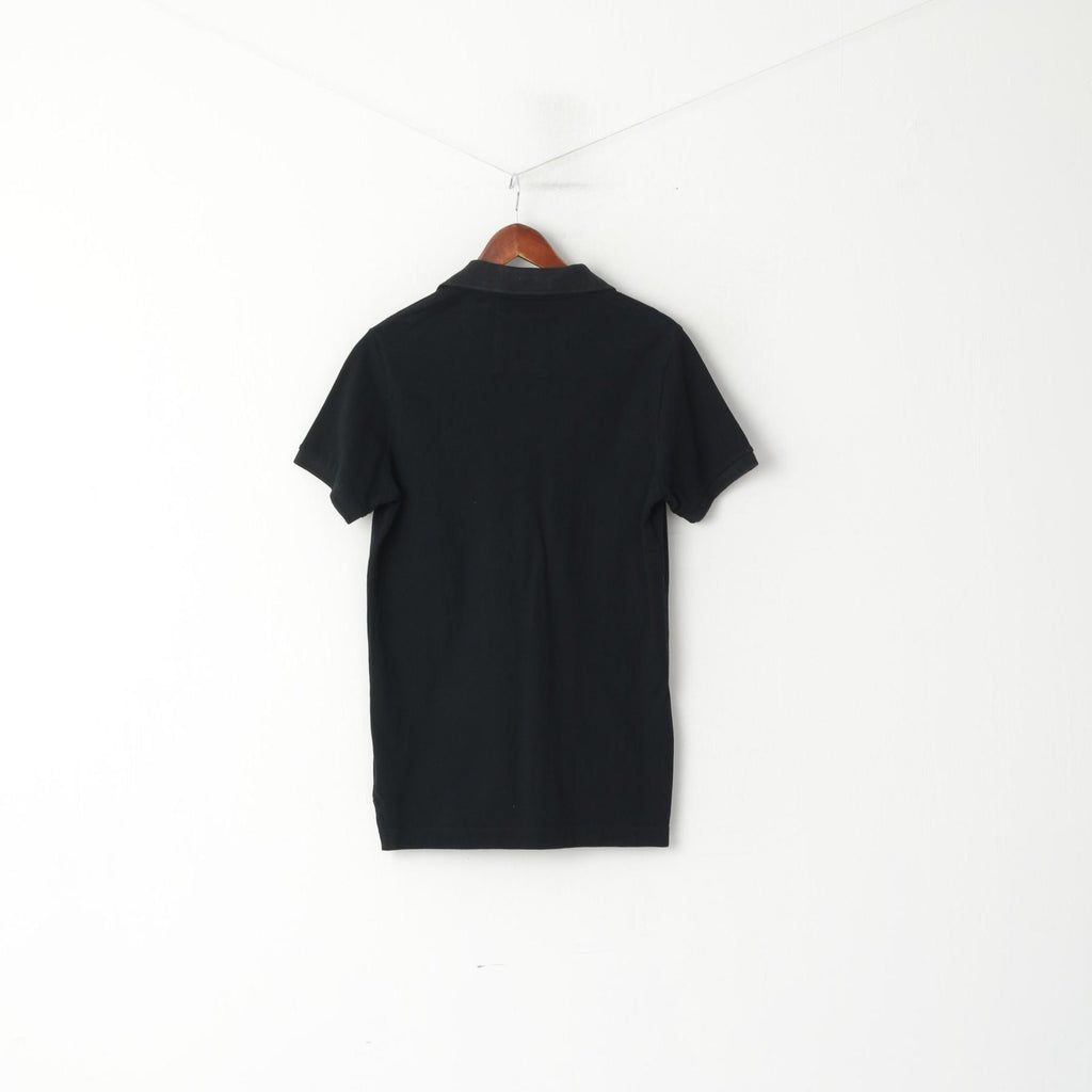 Superdry Men M Polo Shirt Black Classic Pique Detailed BUttons Short Sleeve Top