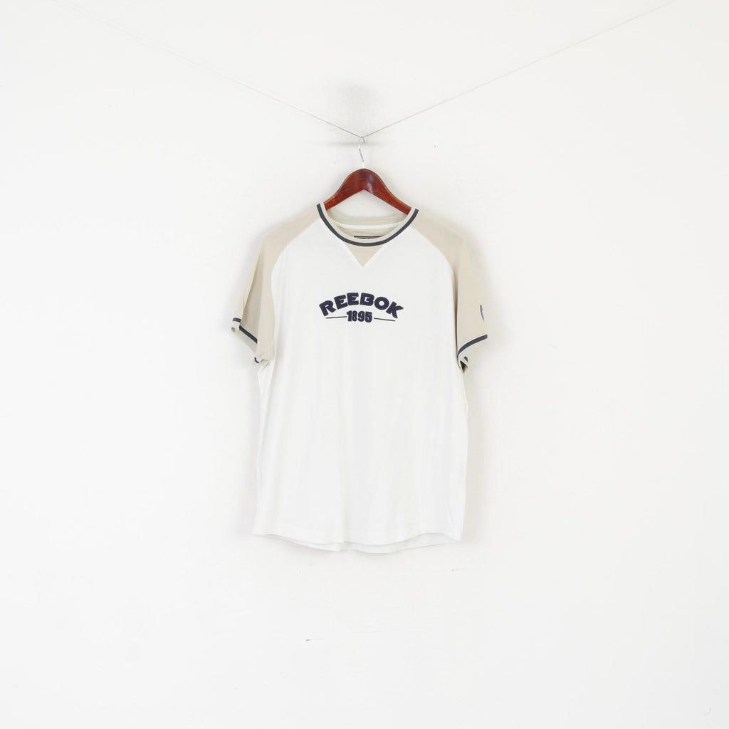 Camicia Reebok da uomo M. Top in cotone bianco beige con logo ricamato vintage girocollo