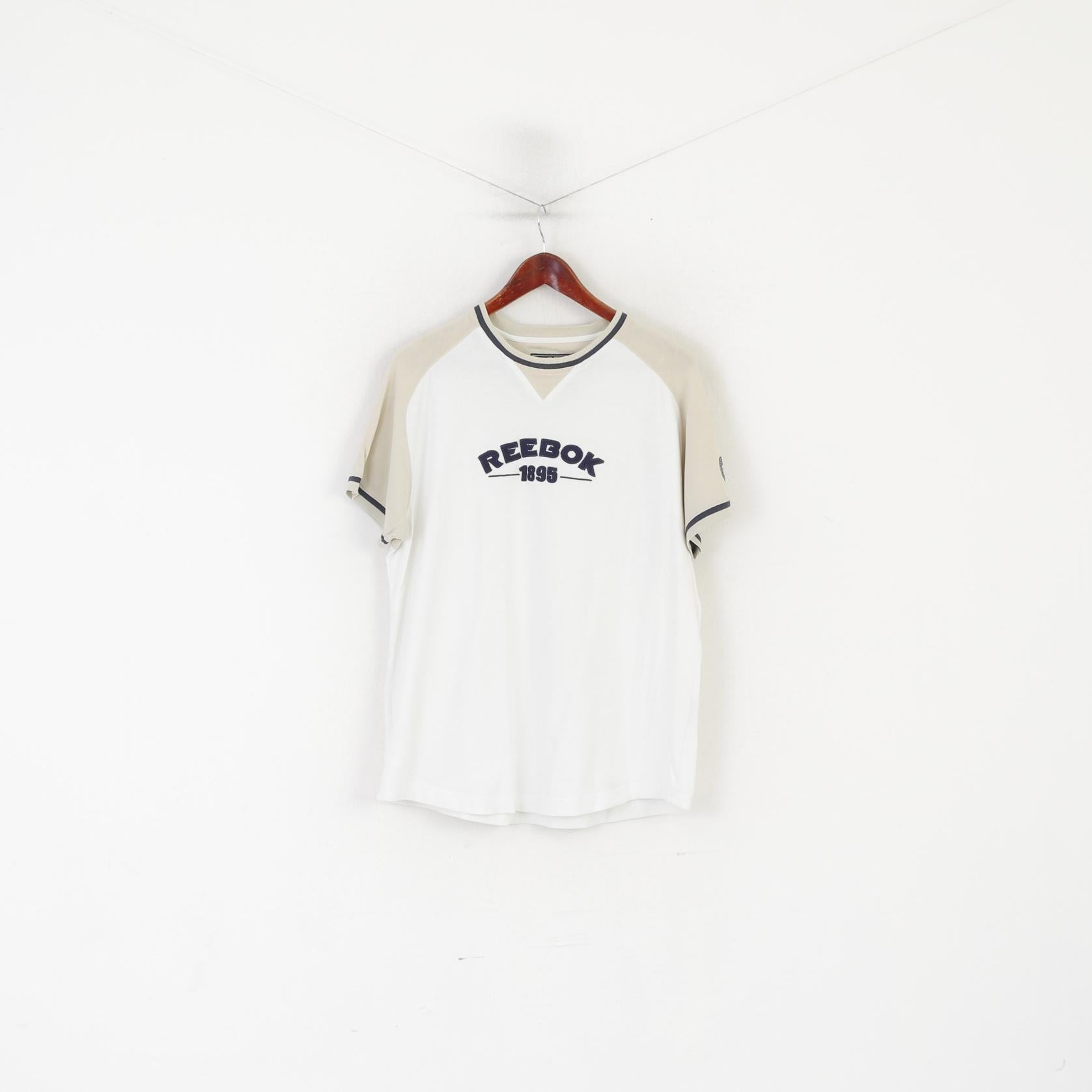 Reebok Hommes M Chemise Blanc Beige Coton Vintage Ras Du Cou Logo Brodé Haut