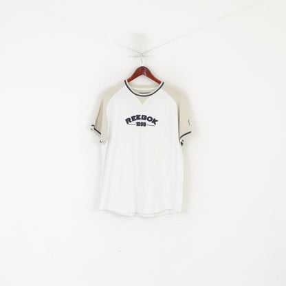 Reebok Men M Shirt White Beige Cotton Vintage Crew Neck Embroidered Logo Top