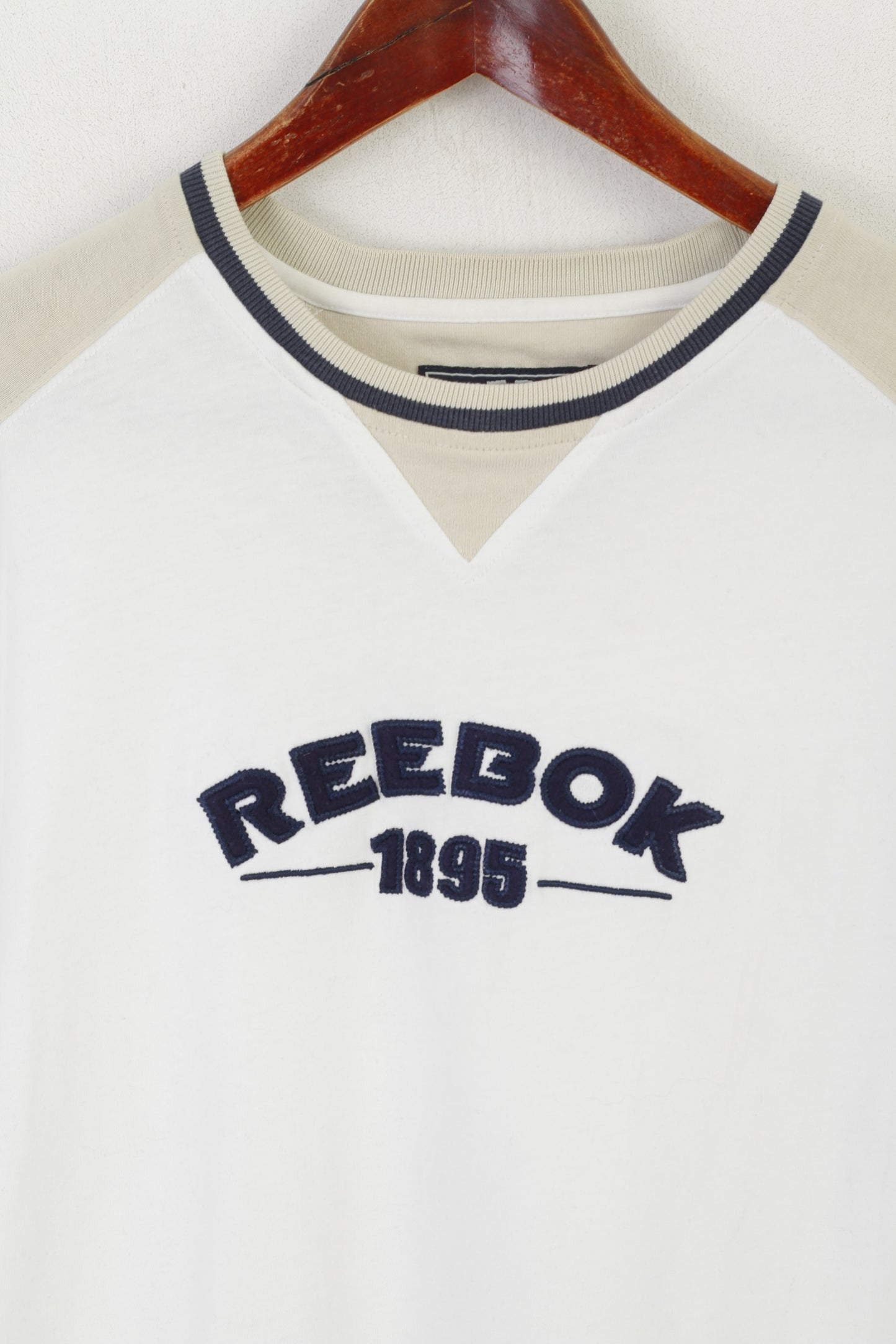 Reebok Men M Shirt White Beige Cotton Vintage Crew Neck Embroidered Logo Top