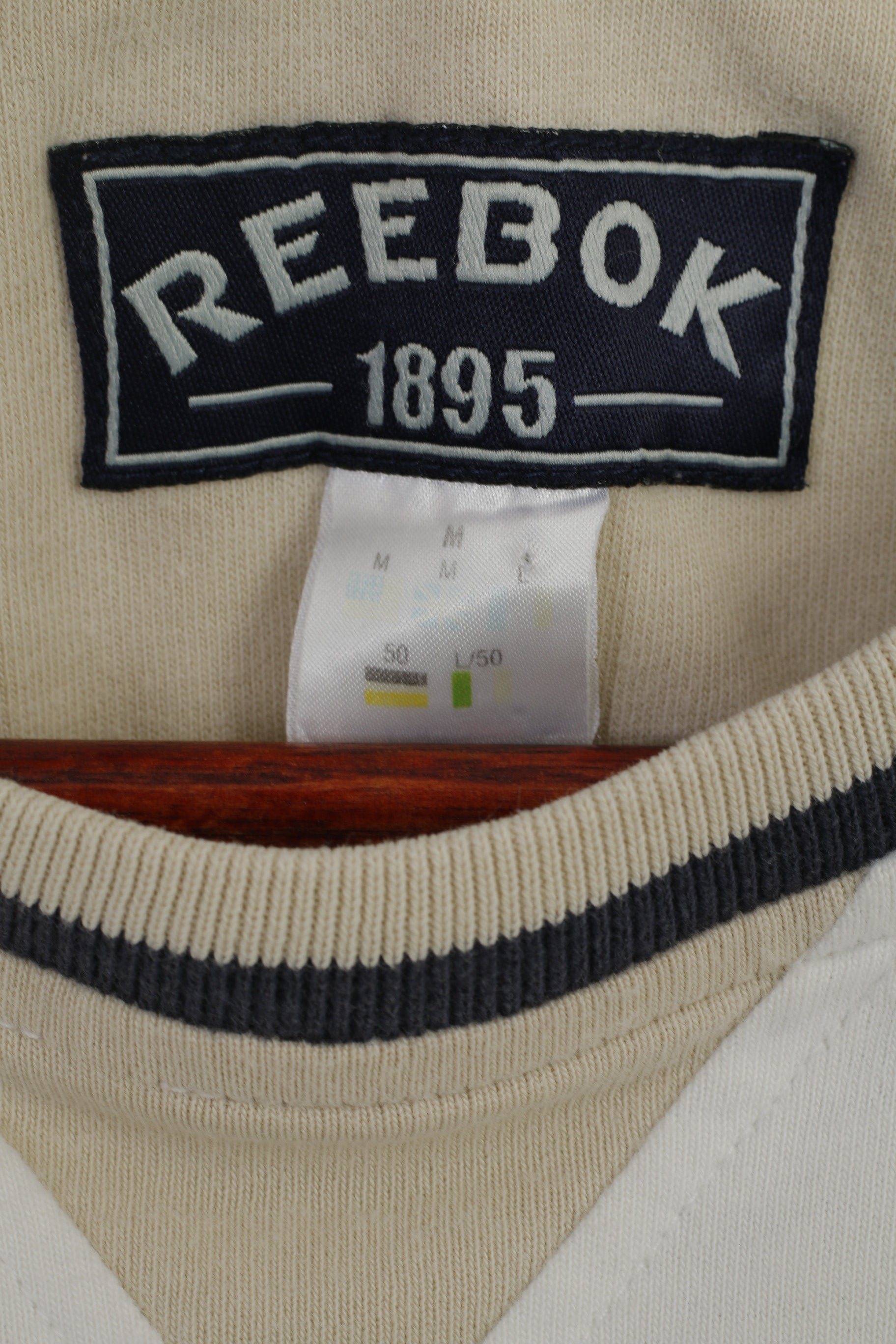 Reebok Hommes M Chemise Blanc Beige Coton Vintage Ras Du Cou Logo Brodé Haut