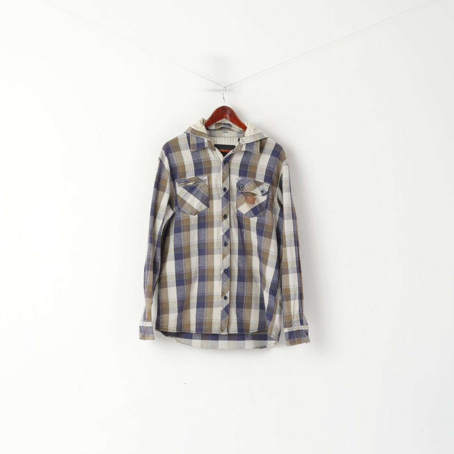 Animal Men L Casual Shirt Brown Check Cotton Flanel Detachable Hood Top