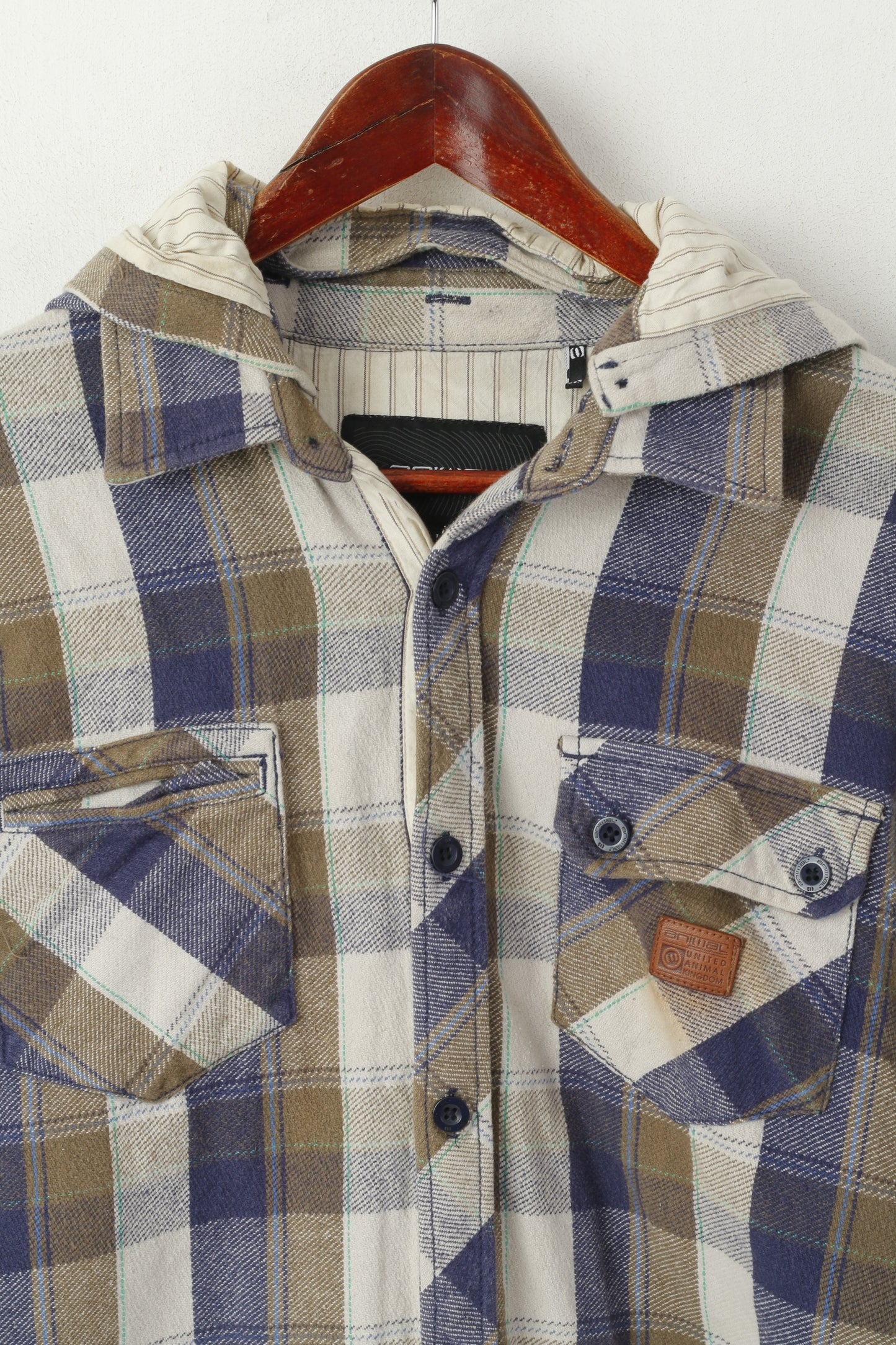 Animal Men L Casual Shirt Brown Check Cotton Flanel Detachable Hood Top