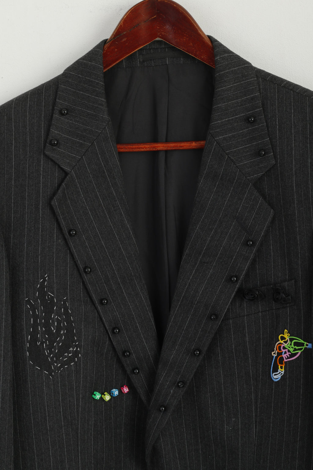 St Michael Men 40 102cm Blazer Grey Striped Hand Made Emroidered Stag Party Jacket