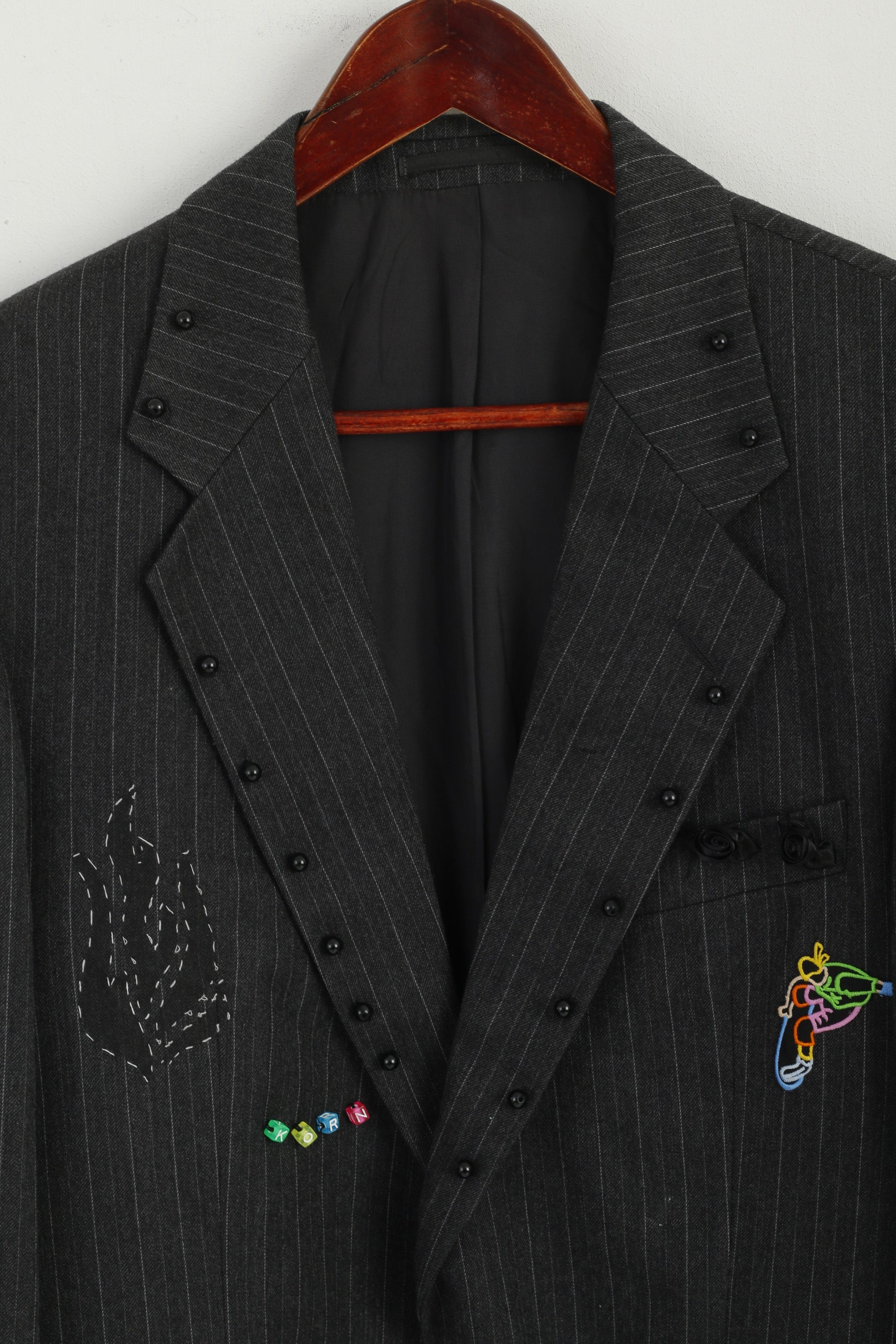 St Michael Men 40 102cm Blazer Grey Striped Hand Made Emroidered Stag Party Jacket