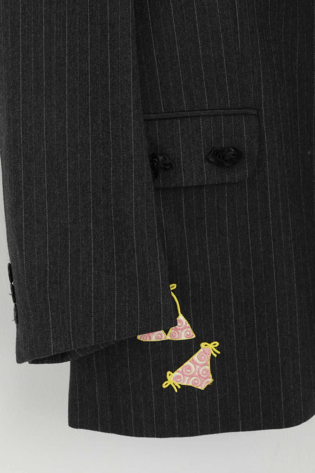 St Michael Men 40 102cm Blazer Grey Striped Hand Made Emroidered Stag Party Jacket