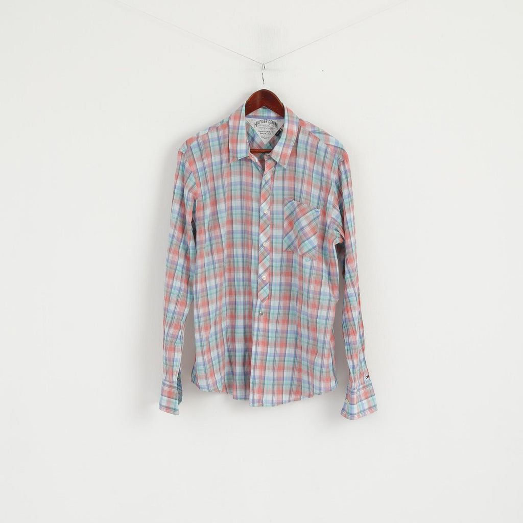 Hilfiger Denim Uomo L Camicia casual Top a maniche lunghe in morbido cotone elastan a quadri blu