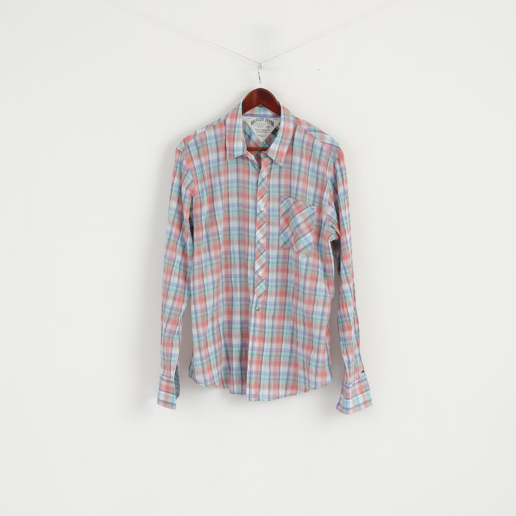 Hilfiger Denim Uomo L Camicia casual Top a maniche lunghe in morbido cotone elastan a quadri blu