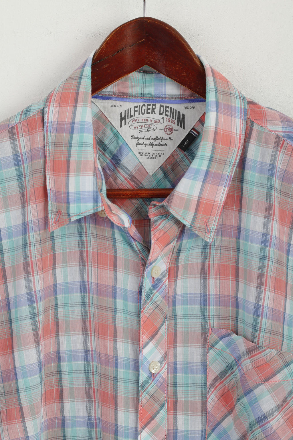 Hilfiger Denim Uomo L Camicia casual Top a maniche lunghe in morbido cotone elastan a quadri blu