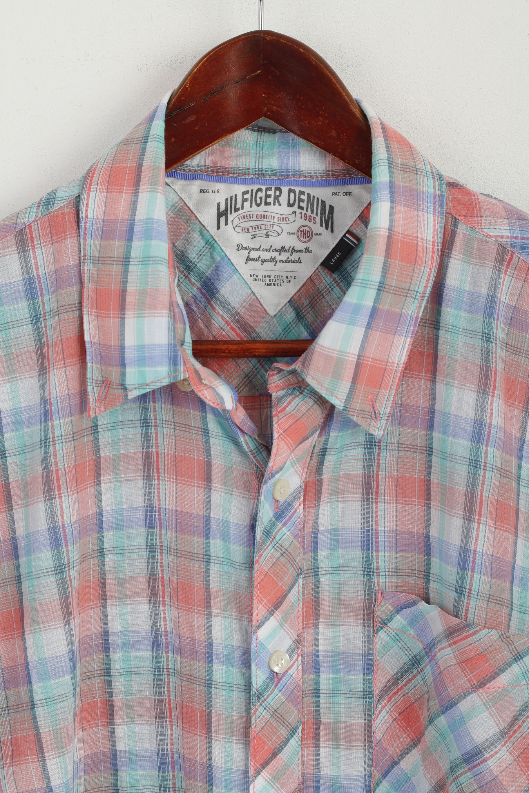 Hilfiger Denim Uomo L Camicia casual Top a maniche lunghe in morbido cotone elastan a quadri blu