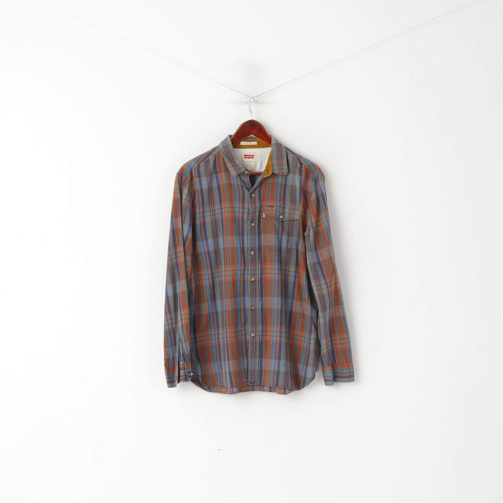 Levi's Men L Casual Shirt Brown Blue Check Cotton Standard Fit Long Sleeve Top