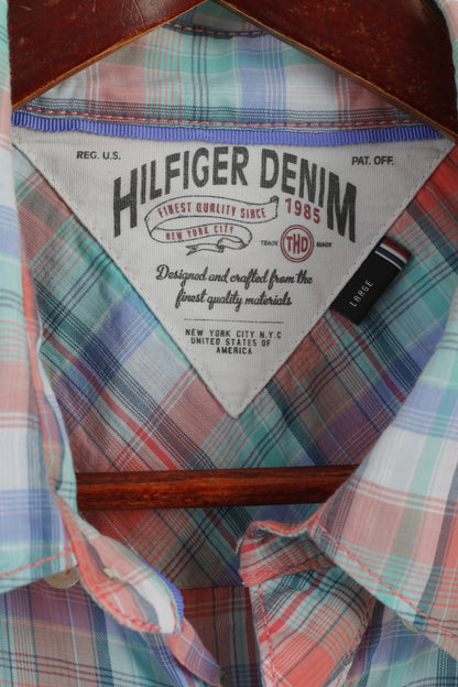 Hilfiger Denim Men L Chemise décontractée Bleu à carreaux Doux Coton Élasthanne Haut à manches longues