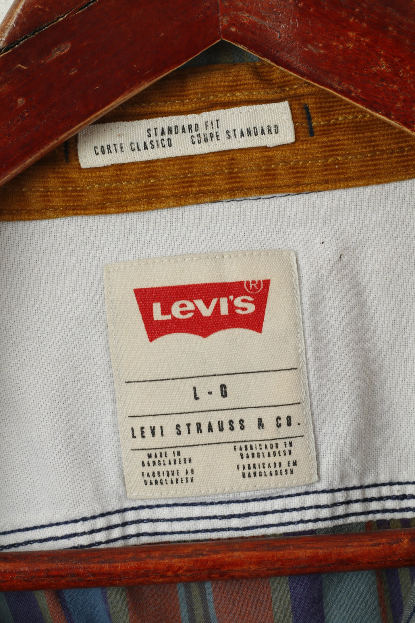Levi's Men L Casual Shirt Brown Blue Check Cotton Standard Fit Long Sleeve Top