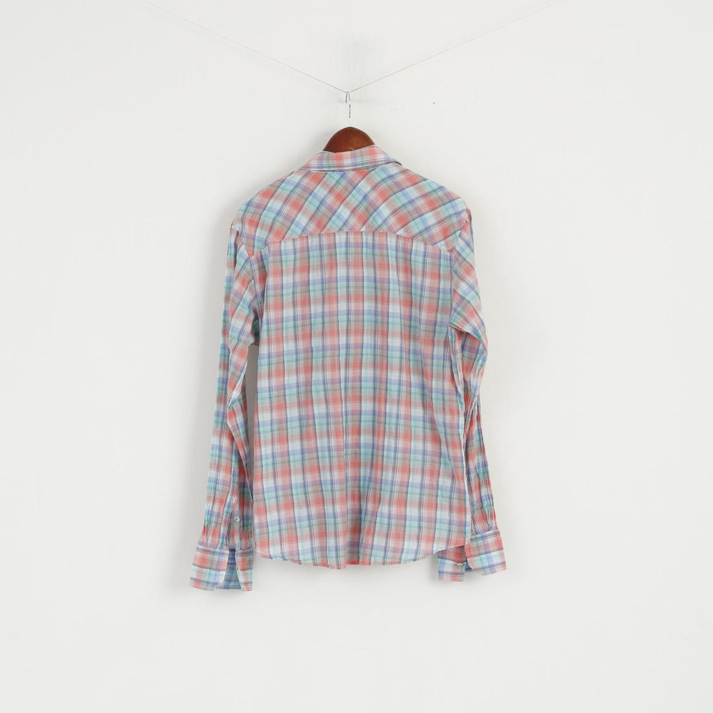 Hilfiger Denim Uomo L Camicia casual Top a maniche lunghe in morbido cotone elastan a quadri blu