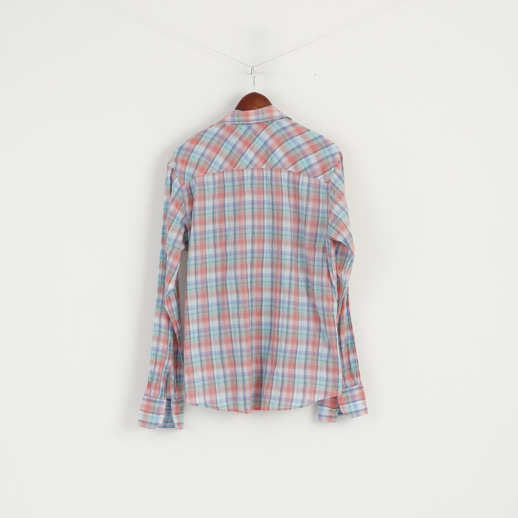Hilfiger Denim Uomo L Camicia casual Top a maniche lunghe in morbido cotone elastan a quadri blu