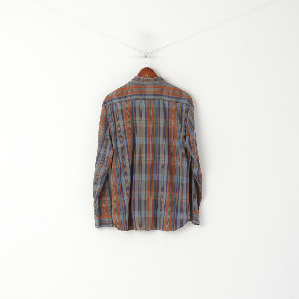 Levi's Men L Casual Shirt Brown Blue Check Cotton Standard Fit Long Sleeve Top