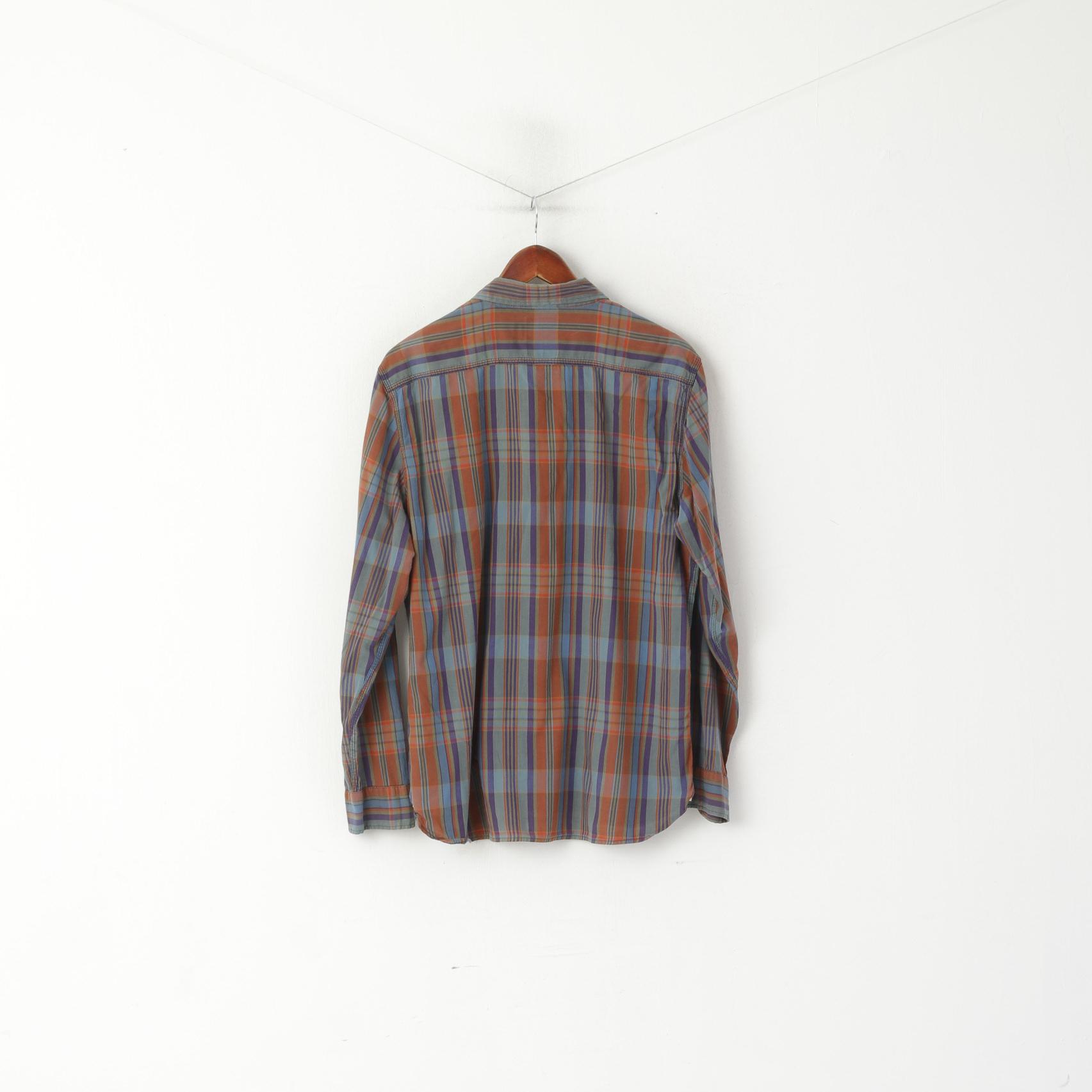 Levi's Men L Casual Shirt Brown Blue Check Cotton Standard Fit Long Sleeve Top