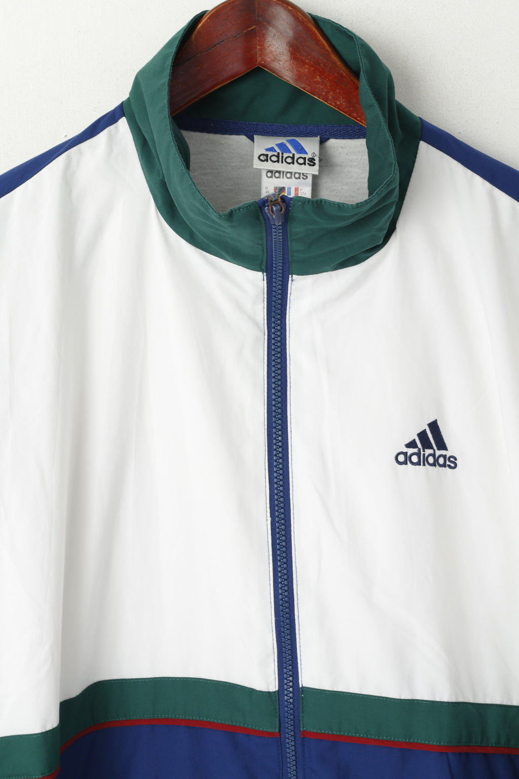 Giacca Adidas da uomo M bianca blu scuro bomber con cerniera intera vintage tuta sportiva