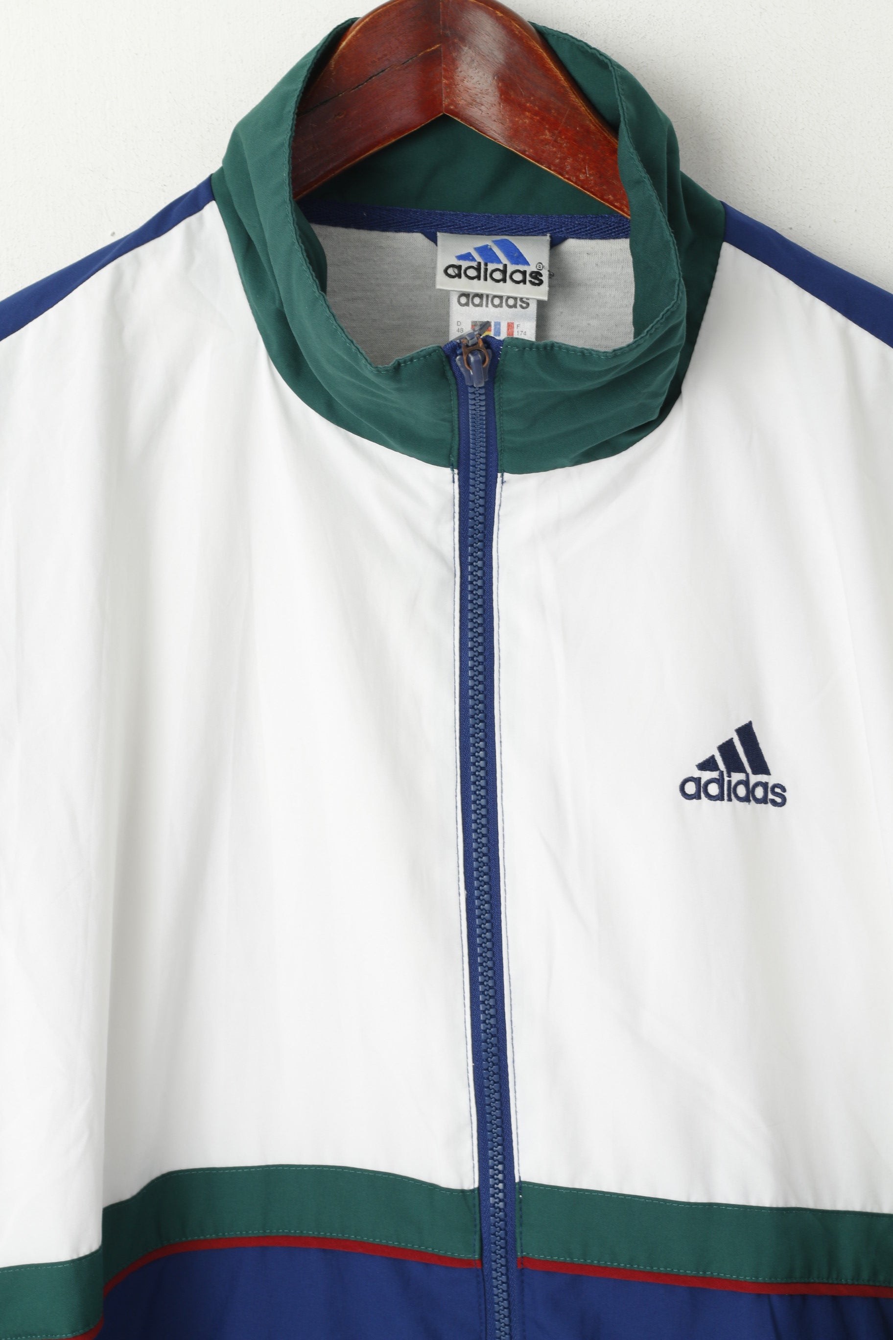 Giacca Adidas da uomo M bianca blu scuro bomber con cerniera intera vintage tuta sportiva