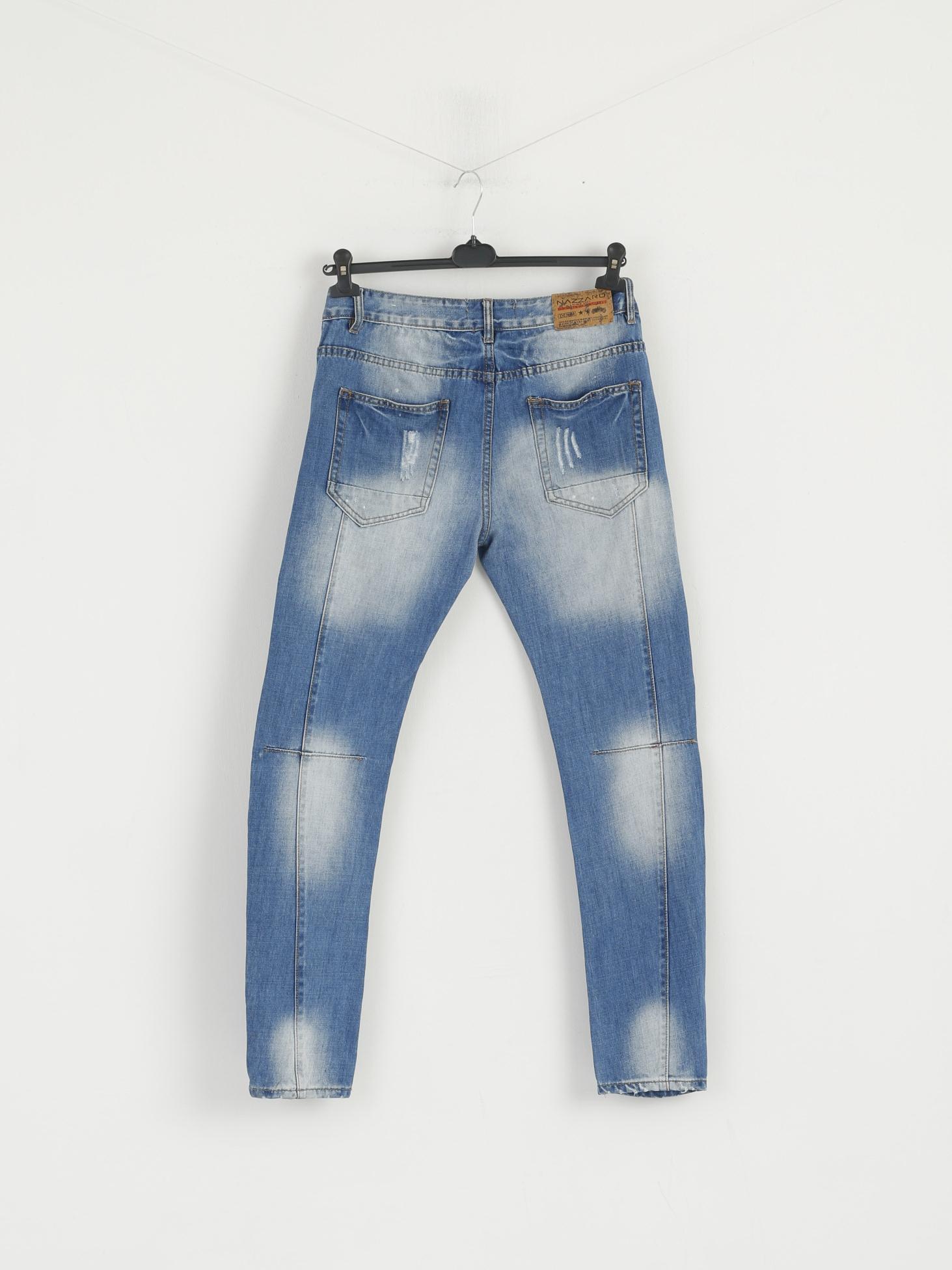Nazzaro Men 32 Jeans Trousers Blue Cotton Ripped Skinny Work Denim Pants