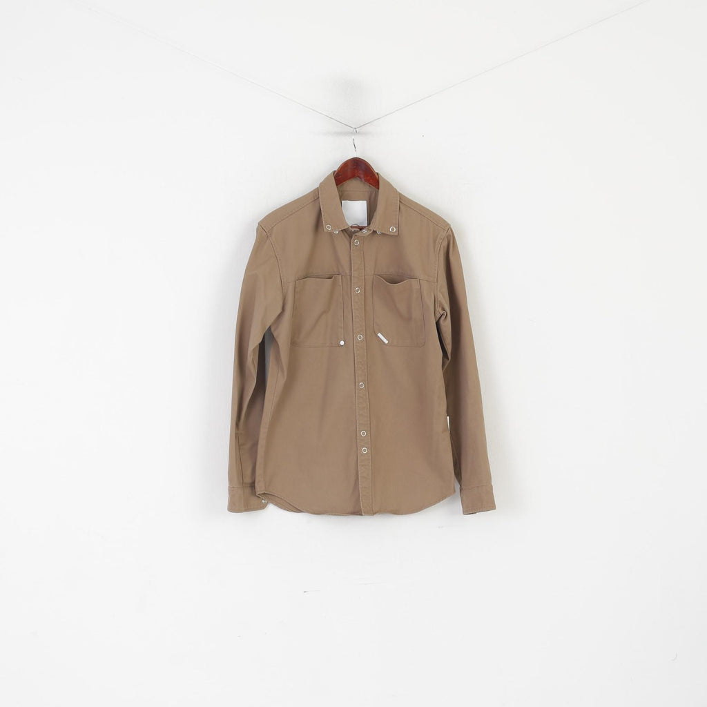 Humor Uomo M Camicia casual in cotone marrone a maniche lunghe con bottoni a pressione e tasche pesanti