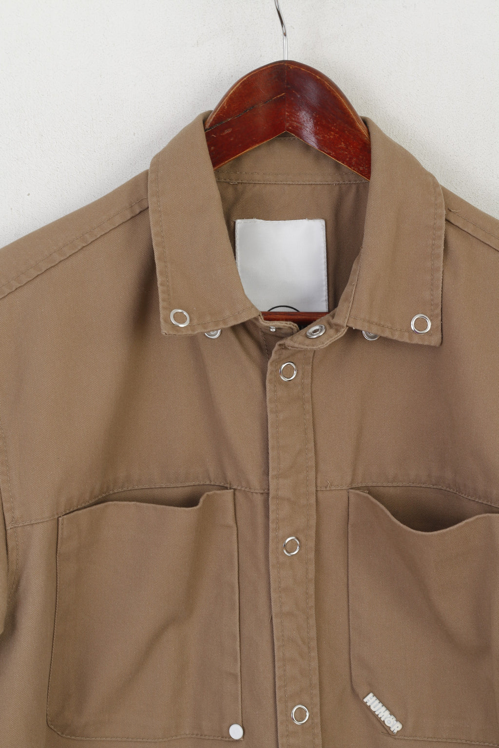 Humor Uomo M Camicia casual in cotone marrone a maniche lunghe con bottoni a pressione e tasche pesanti