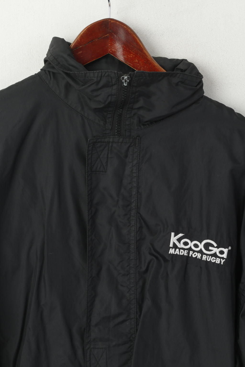 Kooga Men S Jacket Black Nylon Waterproof Rugby Full Zip Hidden Hood Top