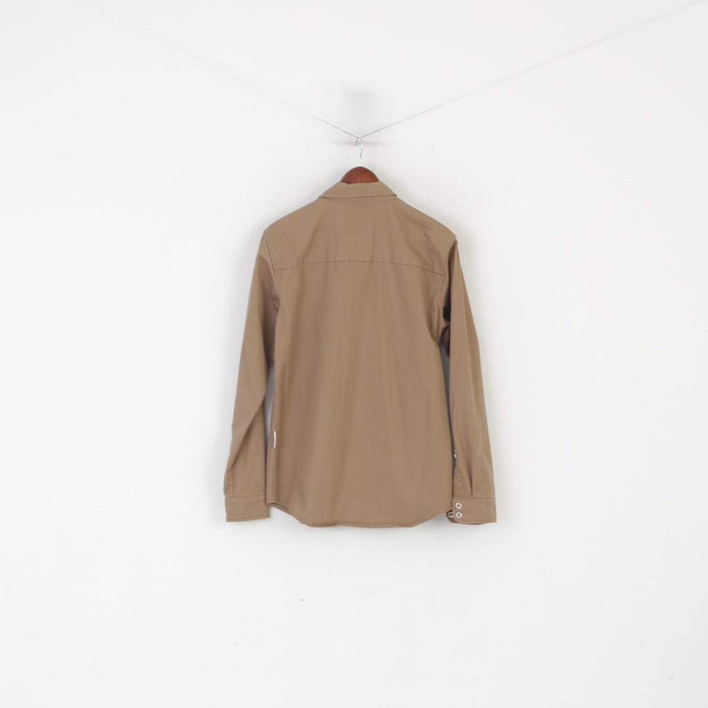 Humor Uomo M Camicia casual in cotone marrone a maniche lunghe con bottoni a pressione e tasche pesanti