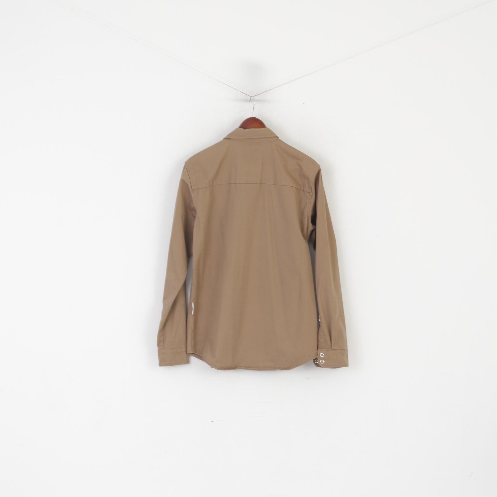 Humor Uomo M Camicia casual in cotone marrone a maniche lunghe con bottoni a pressione e tasche pesanti