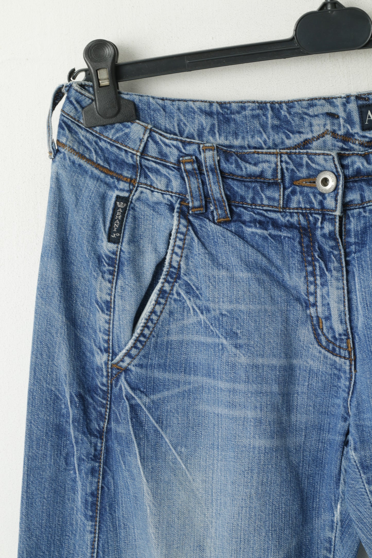 Armani Jeans Men 27 Jeans Trousers Blue Denim Cotton Wide Legs Low Waist Pants