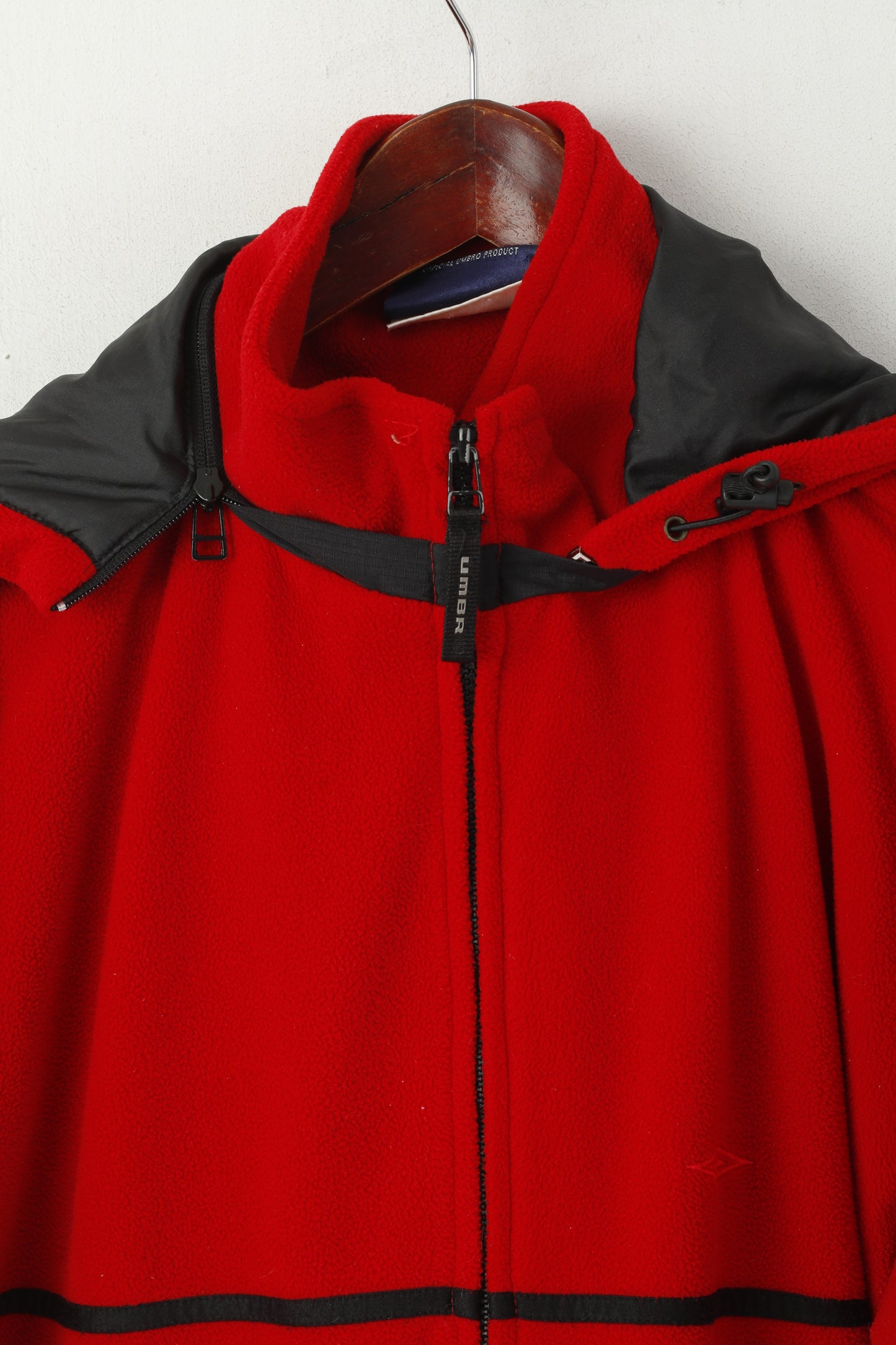 Umbro Men M Fleece Jacket Red Hooded Full Zip Sportswear Lined Top