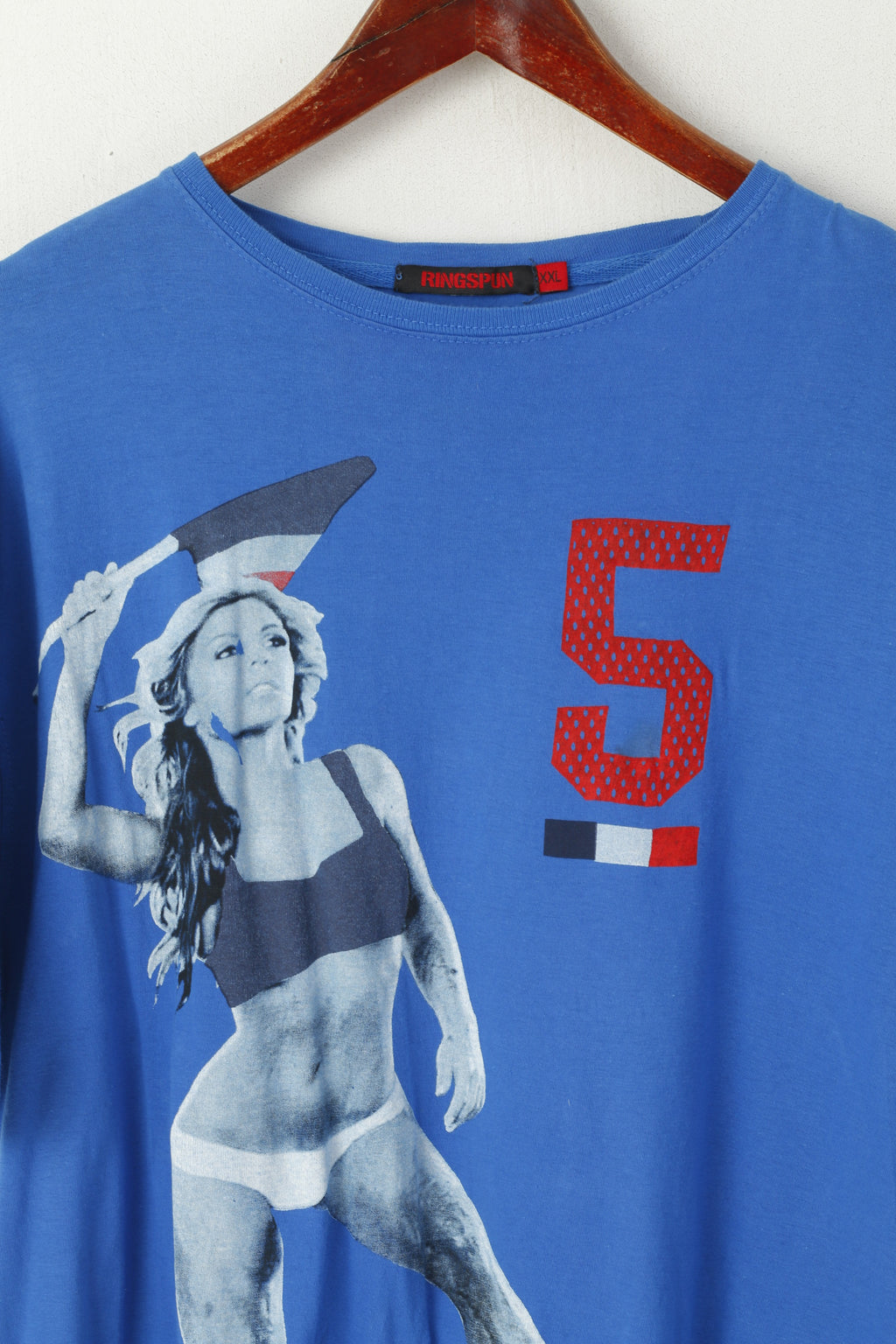 Ringspun Men XXL (XL) Shirt Blue Royal Cotton Graphic France #5 Crew Neck Top