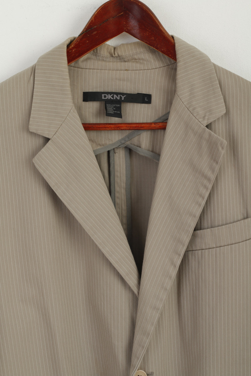 DKNY Men L Blazer Beige Striped Cotton Sport Single Breasted Casual Jacket