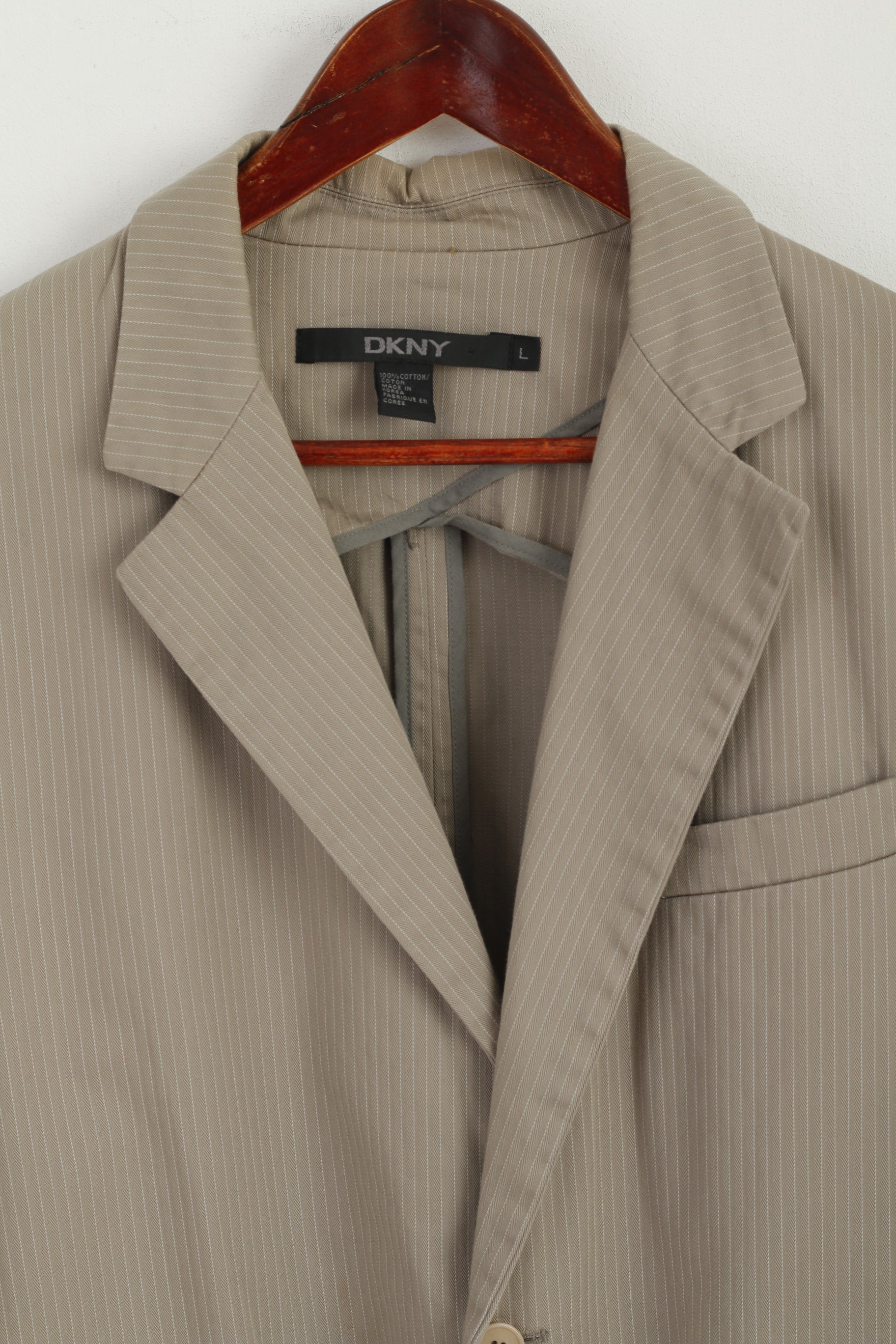DKNY Men L Blazer Beige Striped Cotton Sport Single Breasted Casual Jacket