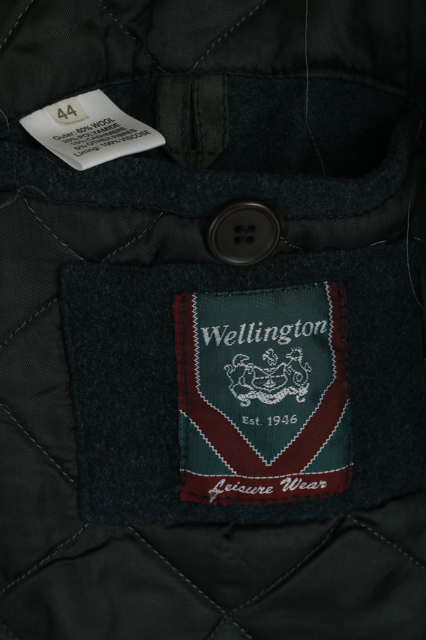 Wellington Cappotto da uomo 44 L verde bottiglia in lana cashmere vintage con cerniera intera per il tempo libero