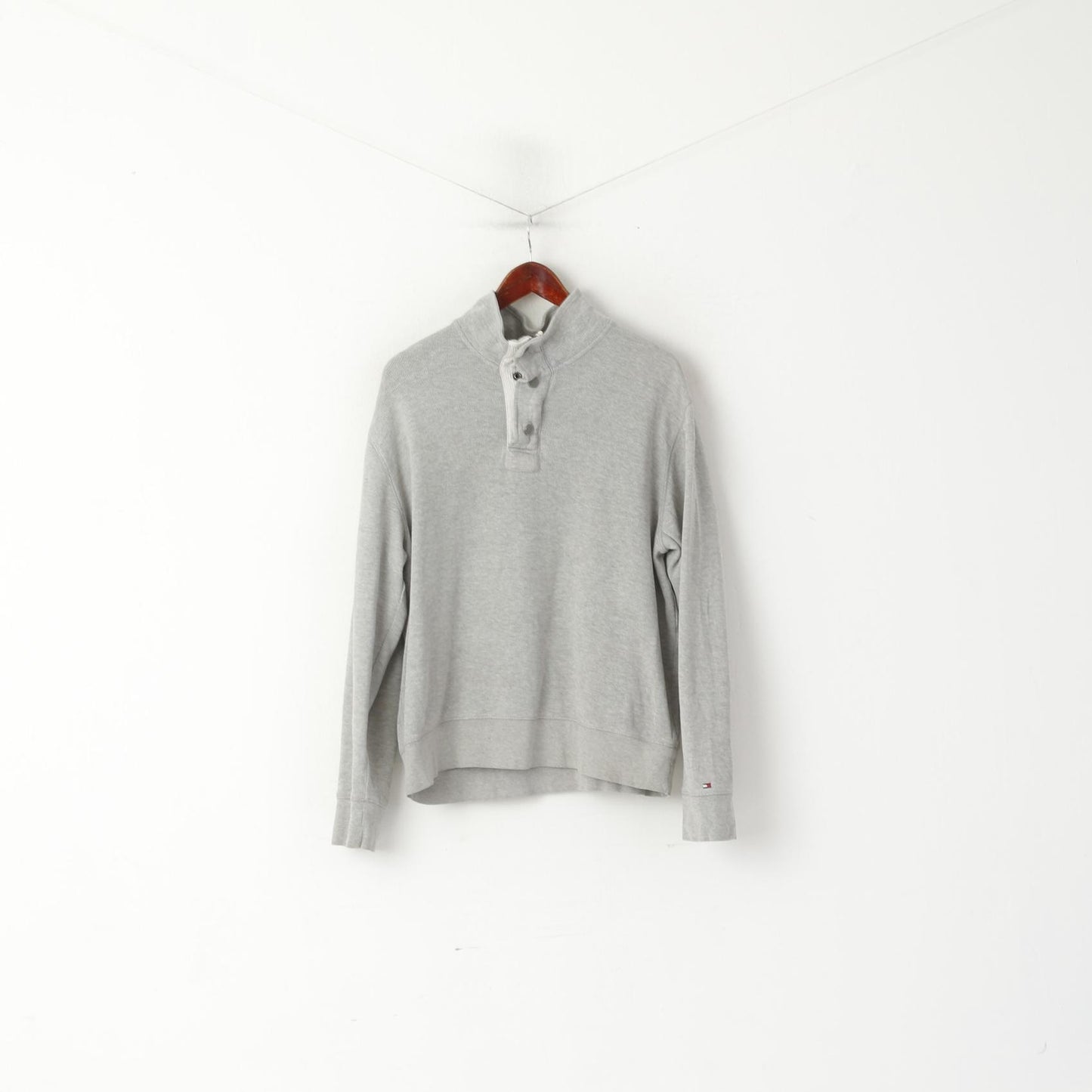 Tommy Hilfiger Men L Sweatshirt Gray Cotton Zip Neck Striped Stretch Plain Top