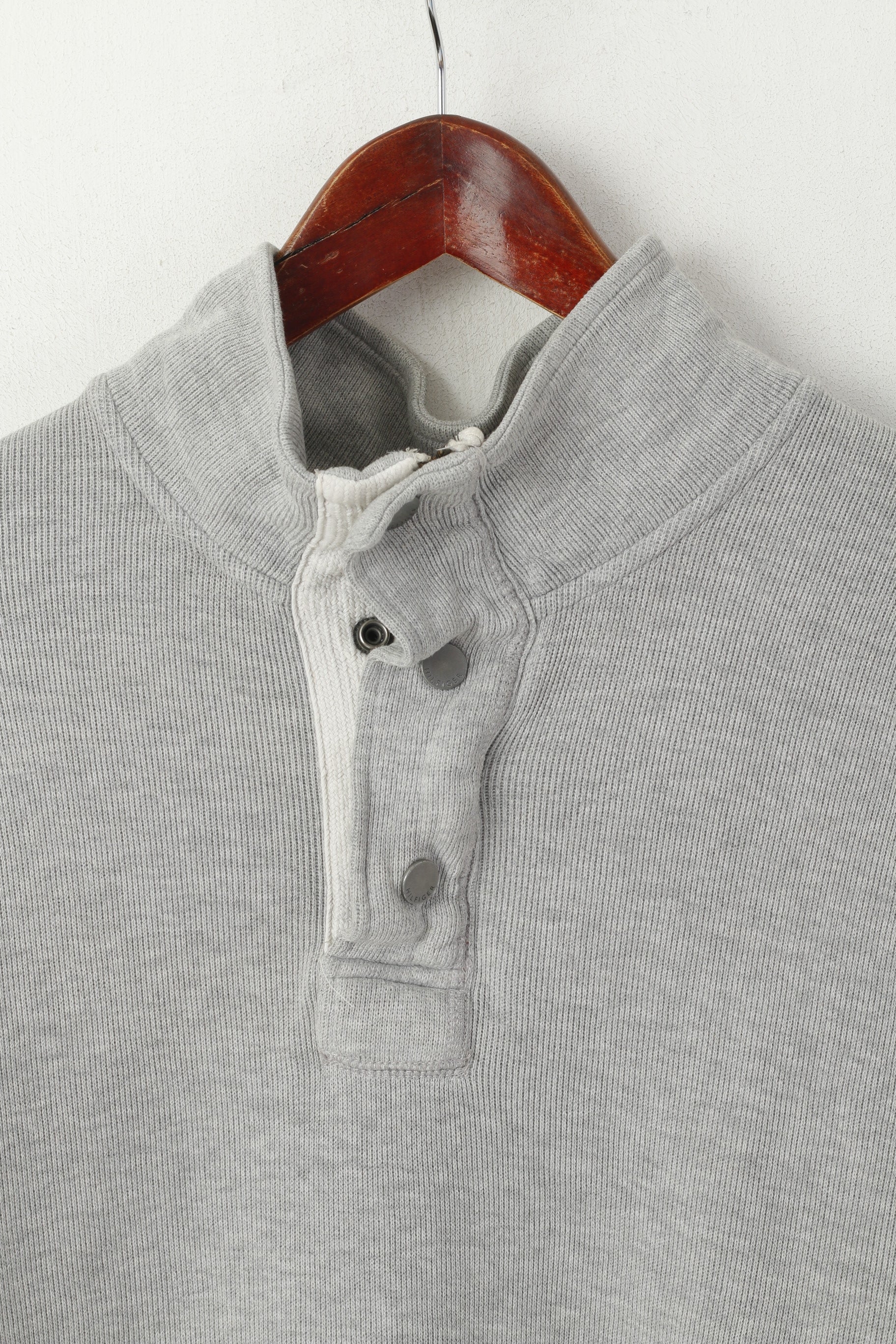 Tommy Hilfiger Men L Sweatshirt Gray Cotton Zip Neck Striped Stretch Plain Top