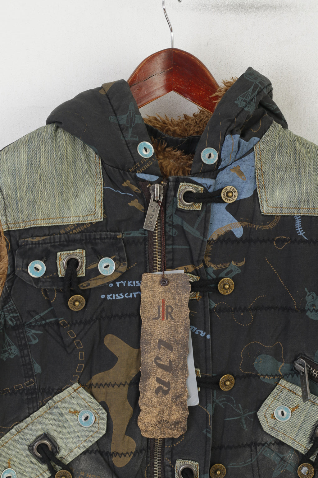 L Joy & Ronnie Women M Bodywarmer Navy Cotton Padded Hooded LJR Funny Vest