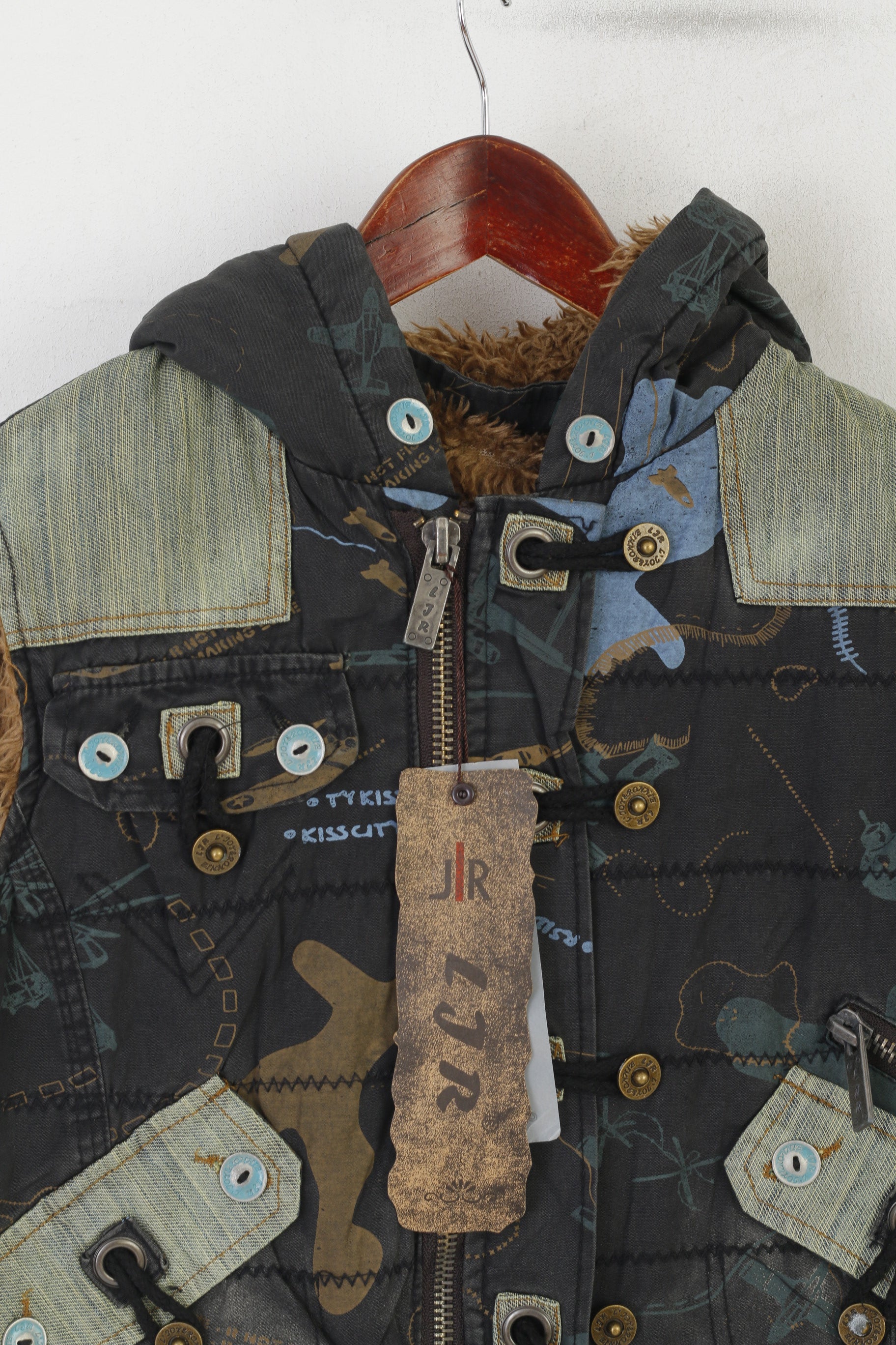 L Joy & Ronnie Women M Bodywarmer Navy Cotton Padded Hooded LJR Funny Vest