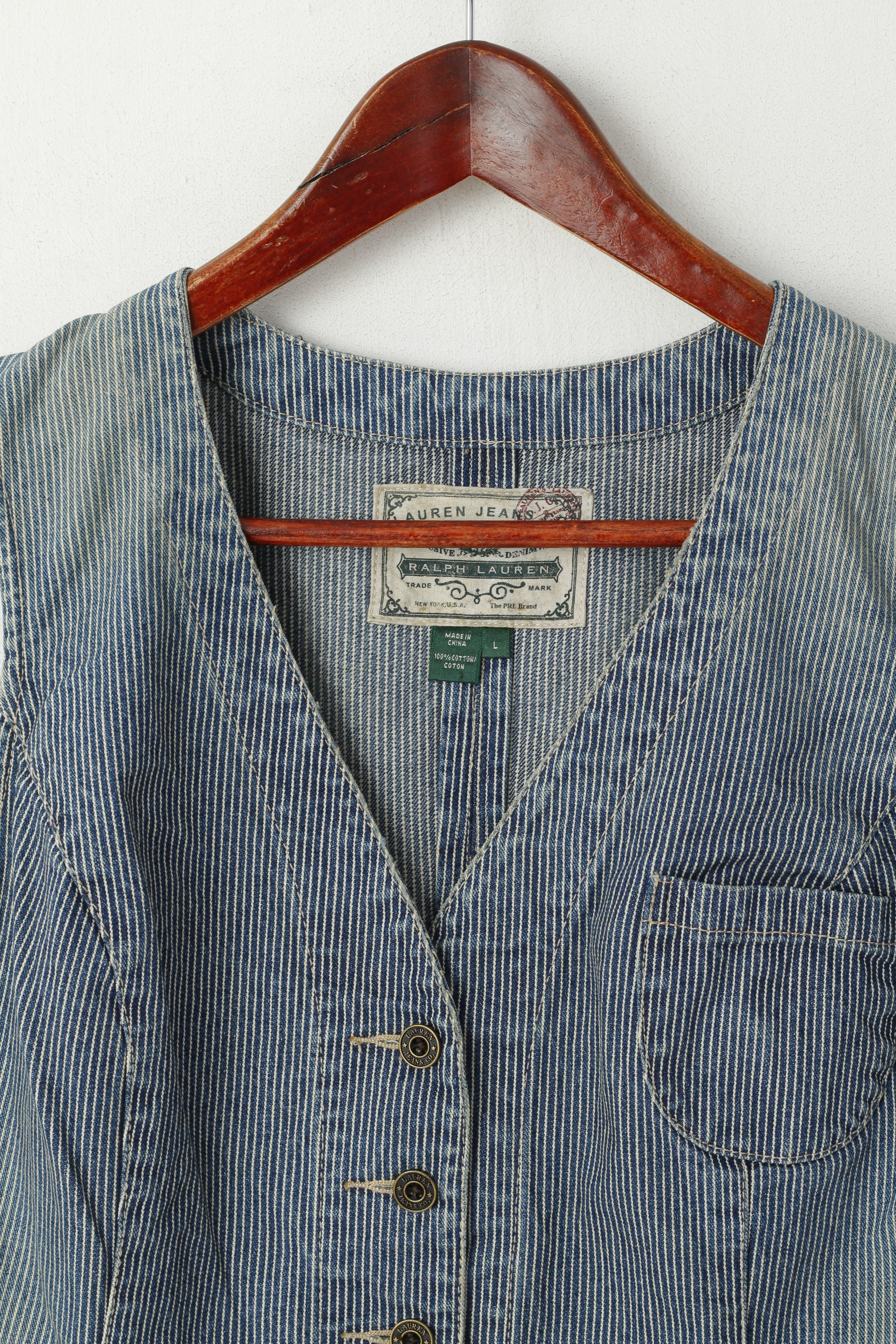 Lauren Jeans Ralph Lauren Women L (M) Waistcoast Blue Striped Faded Cotton Vest