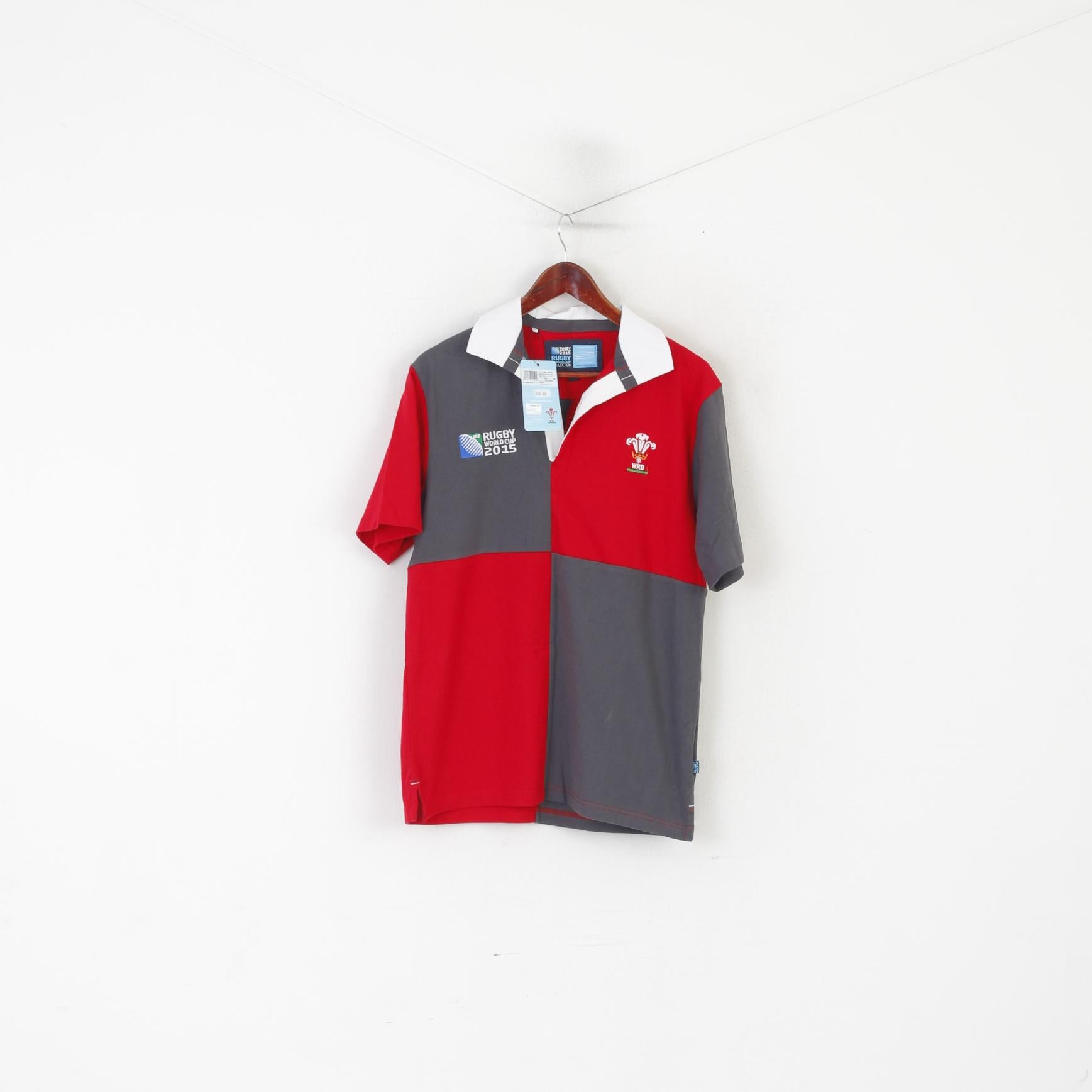 Nouveau Coupe du Monde de Rugby 2015 Hommes M Polo Gris Rouge Coton WRU Harlequin Top