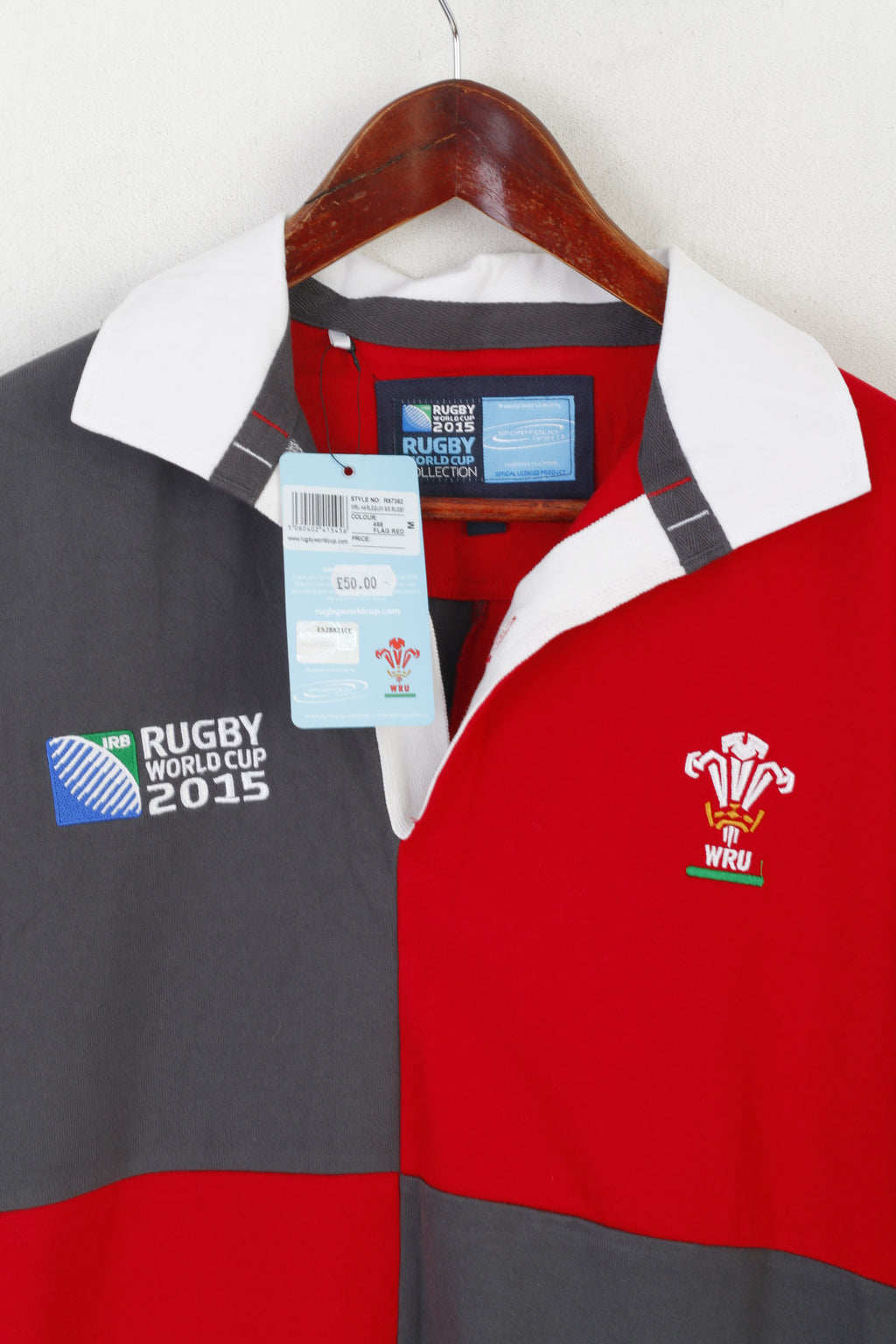 Nouveau Coupe du Monde de Rugby 2015 Hommes M Polo Gris Rouge Coton WRU Harlequin Top