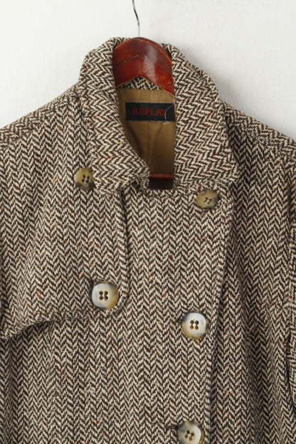 Replay Women XL (L) Coat Brown Wool Herringbone Double Breasted Vintage